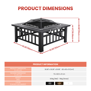 Brasero carré 3 en 1 pour l'extérieur, foyer à bois en métal avec barbecue pour jardin, patio, cour arrière FP004 - Product Image 2