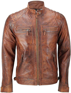 Veste moto en cuir véritable marron pour homme, col montant, fermeture éclair, coupe classique, pour l'automne - Product Image 4