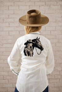 Camisa Western para Mujer, Color Crema, Cierre de Perlas, Ribete Estampado, Estilo Vaquero, Manga Larga, Bolsillo con Diseño de Dientes de Sierra, Retro, Personalizada - Product Image 5