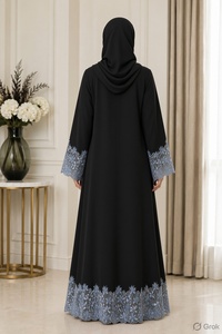 Black Muslim Abaya Lace Trim Maxi <b>Dress</b> Hooded Long Sleeve Women Traditional <b>Dress</b> for Party - Product Image 1