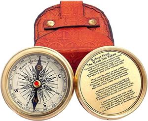 Poème pointant en laiton nautique boussole antique Robert frost boussole en laiton faite à la main Antique avec étui en cuir cadeau - Product Image 1