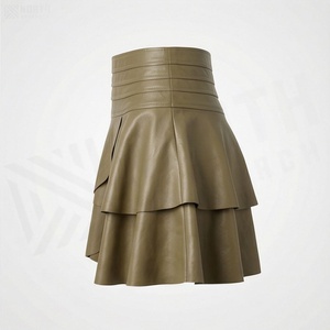 Jupe courte en similicuir PU taille haute pour femme, style évasé à volants en satin, couleur unie, toutes saisons - Product Image 3
