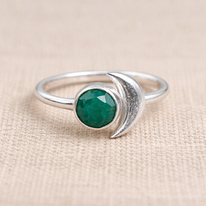 925 Sterling Silver Crescent Moon <b>Ring</b> Natural Emerald Gemstone <b>Adjustable</b> Open <b>Ring</b> Handmade Minimalist Women Jewelry for her - Product Image 1