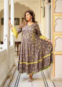 Rayon Floral Anarkali Kurti Women's <b>Plus</b> <b>Size</b> Angrakha Neck Bell Sleeves Flared Fit Casual Party Wear Grey Color - Product Image 5