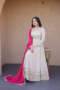 Designer Cosmos Gown with Real Mirror Work & Dupatta Wrinkle-Free Reversible <b>Ankle</b>-Length Party Wedding Dress - Product Image 3