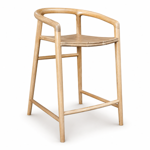 Chaise de bar moderne en teck massif avec accoudoirs courbes, finition naturelle, tabouret haut pour comptoir de cuisine, café, restaurant, mobilier - Product Image 1