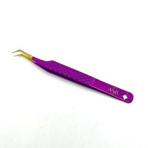 Pinzas de Precisión para Pestañas ASB, Punta Dorada de 45 Grados, Acero Inoxidable, Logotipo Personalizado, Mango Morado - Product Image 1