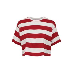 Camiseta Corta a Rayas Rojas y Blancas para Mujer, Cuello Redondo, Corte Holgado, Informal, 100% Algodón Jersey, Primavera Verano - Product Image 1