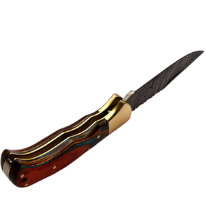Couteau pliant artisanal en acier Damas avec manche en bois rouge, couteau de poche pour le camping, la chasse et les activités de plein air - Product Image 3