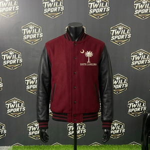 Veste universitaire de la Caroline du Sud pour homme, marron, manches en cuir noir, lettrage brodé, style bomber, vêtement décontracté d'automne - Product Image 2