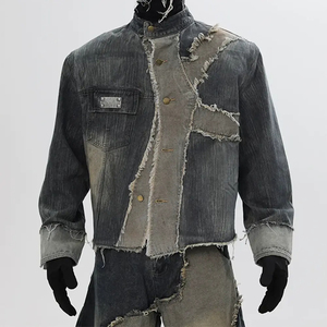 Custom Patchwork Washed Denim Jackets Streetwear Stonewashed Raw Edge Men Jeans Vintage Distressed Outwear Set - Product Image 3