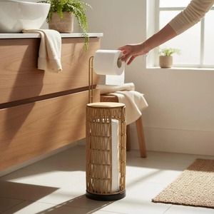 Rattan Toilet <b>Paper</b> Holder Floor Standing Handmade Bathroom <b>Tissue</b> Roll Storage Stand For Home Bathroom Washroom Decor - Product Image 5