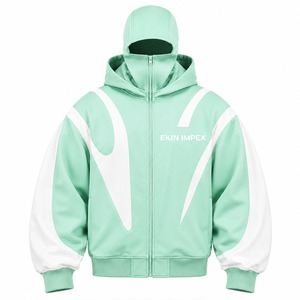 Sudadera con Capucha Premium 100% Algodón 420g Verde Menta Blanco Abstracto con Cierre |   Sudadera con Capucha y Máscara Facial Estilo Streetwear |   Ropa de Exterior Unisex de Moda - Product Image 1