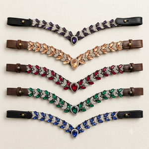 Fronture de cheval en cuir de luxe, couleurs assorties, ornée de cristaux marquise, forme en V, cousue main, boucle à changement rapide, coutures robustes - Product Image 1