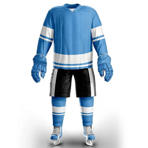 Blue Men's Ice Hockey Uniform Full Sleeve Jersey With Black Shorts Gloves Sublimation Printed Breathable Polyester Adult Size - Product Image 6