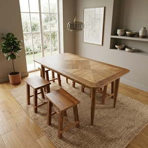Juego de Mesa de Comedor de Madera de Teca Sólida con Tapa con Incrustaciones de Parqué, 4 Sillas sin Respaldo, Rectangular, Estilo Rústico, para Cocina, Patio o Jardín - Product Image 4