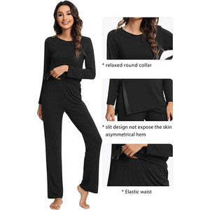 Women's Gray Knitted Long Sleeve Pajama Set Soft Full Length Casual Sleepwear Round Neck <b>Elastic</b> Waist Autumn Wear - Product Image 3