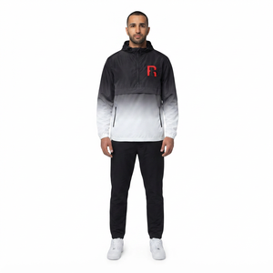 Custom <b>Men's</b> Hooded Gradient Windbreaker <b>Jacket</b> Pullover Long Sleeve Red Logo Front Casual Wear Breathable Polyester Regular Fit - Product Image 1
