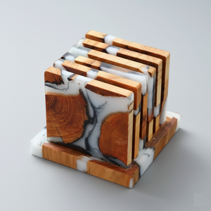 Ensemble de dessous-de-verre en résine et bois, design haut de gamme, artisanal, pour café, thé, décoration de table, cadeau - Product Image 1