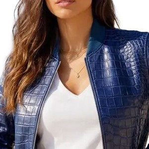 Veste en cuir bleu pour femme, motif croco, design classique streetwear, confortable, collection sur mesure, service d'échantillonnage disponible - Product Image 6