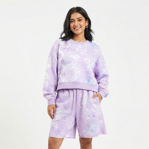 Ensemble de survêtement pour femmes à manches longues et shorts sublimés, coupe ample avec poches latérales, décontracté, hiver, 100% polyester polaire - Product Image 1