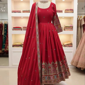 Vestido Anarkali Tradicional para Mujer TENNECY, de Seda Cinon, con Bordado Intenso, Reversible, Antiarrugas, con Dupatta Bordada, para Fiesta - Product Image 1