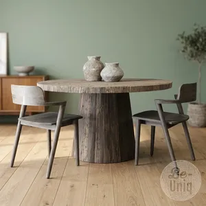 Round Wooden Dining <b>Table</b> Rustic Modern Design Solid <b>Wood</b> <b>Top</b> Handmade Home Furniture - Product Image 4
