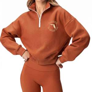 Sudadera de algodón tejida azul lisa para mujer con cuello alto y media cremallera, manga regular, para otoño, con logo personalizado - Product Image 3