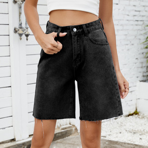 <b>Women's</b> High Waist <b>Denim</b> <b>Bermuda</b> <b>Shorts</b> Five Pocket Stonewashed Frayed Hem Button Fly Casual Style - Product Image 5