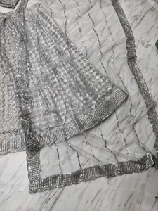 Luxury Silver Grey <b>Net</b> Lehenga Choli Heavy Sequin Embroidered Diamond Geometric Pattern Crop <b>Top</b> Dupatta Set Indian Wedding Part - Product Image 2