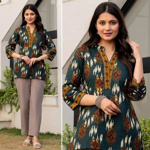 Trendy Women Cotton Printed Kurti Tunic Short Sleeve Loose Fit <b>Indian</b> Pakistani <b>Top</b> for Casual Formal Wear Tunic Collections - Product Image 3