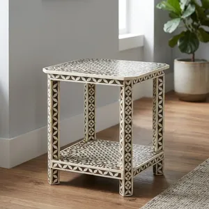 Handcrafted Bone Inlay Two Tier Side <b>Table</b> Square <b>End</b> <b>Table</b> Modern Accent Furniture Living Room Bedroom <b>Storage</b> Design - Product Image 5