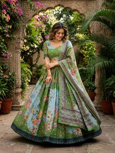 Ensemble Lehenga Choli en soie traditionnelle indienne moderne pour femmes avec broderie élégante et dupatta assorti pour les tenues de mariage - Product Image 3