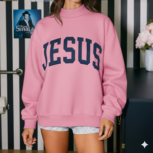 Jesus Letter Print Oversized Crew Neck Sweatshirt Unisex Pink Cotton <b>Pullover</b> Casual Autumn Wear - Product Image 5