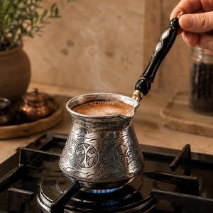 ชุดกาแฟตุรกี 3 ชิ้น ทำจากโลหะสีเงิน พร้อมด้ามจับไม้สีดำ ดีไซน์วินเทจ รูปทรงกลม - Product Image 3