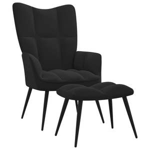 Chaise relaxante en velours noir avec repose-pieds en acier et tabouret pour salon - Product Image 2
