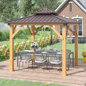 Gazebo con Tetto Rigido 3x3 Metri, Struttura in Legno Massello e Tetto a Doppio Livello in Acciaio per Villa, Cortile, Parco, Colore Marrone - Product Image 2