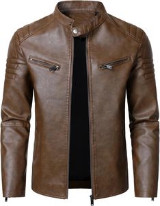 Men Brown Genuine Leather Slim Moto Biker Jacket Stand Collar Zipper Front Solid Color Regular Sleeve Autumn Style Finished - Product Image 5