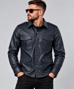 Veste chemise de terrain en cuir bleu marine premium pour homme, manches longues, quatre poches utilitaires sur le devant, épaulettes aux épaules, fermeture boutonnée, élégante - Product Image 4