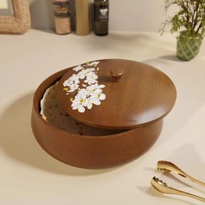 Round wooden container with knob lid and cloth lining traditional chapati box roti <b>storage</b> container for keeping flatbread warm - Product Image 2