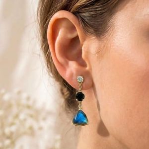 Labradorite Trillion Cut & Black Obsidian Round Faceted Drop <b>Earrings</b> With CZ Accent Elegant Labradorite Gemstone <b>Stud</b> <b>Earrings</b> - Product Image 2