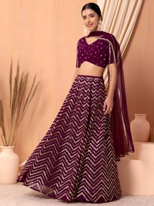 Elegant Maroon <b>Sequined</b> Georgette A-Line Lehenga Choli with V-Neck Crop <b>Top</b> Floral Pattern Built-in Bra Floor-Length Dress - Product Image 3