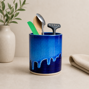 Artisan Stoneware Ceramic <b>Utensil</b> Holder Hand Poured Drip Glaze Deep Blue Finish Kiln Fired Durable Countertop Kitchen Organizer - Product Image 1