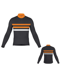 Men's Long Sleeve Cycling Jersey <b>Black</b> Orange <b>White</b> <b>Stripes</b> Full Zip Front And Back View Breathable Polyester - Product Image 1