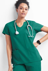 Hauts de travail pour femmes à manches courtes et col en V, vert, en coton et polyester tissé, uniformes d'hôpital, pantalon de travail pour femmes à manches courtes et col en V - Product Image 4