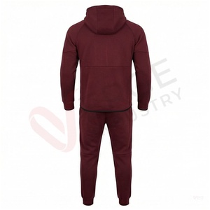 Ensemble de survêtement bordeaux pour homme, manches longues, capuche, fermeture éclair sur le devant, couleur unie, respirant, coupe décontractée, vêtements d'automne - Product Image 2