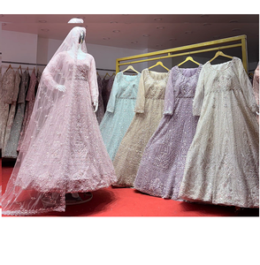 Lehenga de soirée élégant en tissu filet de couleur claire avec broderie artisanale complète et broderie Jarkan pour femmes - Product Image 6