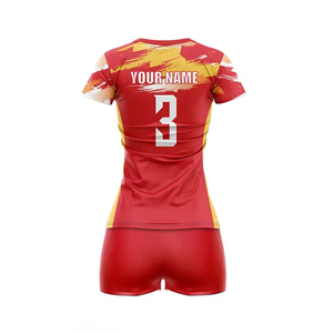 Ensemble d'uniformes de volley-ball personnalisés pour femmes, design éclaboussures d'eau rouge et jaune, manches courtes, kit professionnel - Product Image 3