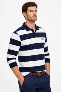 <b>Men's</b> <b>Long</b> <b>Sleeve</b> Polo Shirt Navy <b>White</b> Striped Collar Casual Knitted <b>Top</b> - Product Image 3