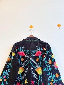 Velvet Suzani Embroidery Floral Pattern Long Robe Indian Women Free <b>Size</b> 100% Cotton Drawstring Closure - Product Image 2